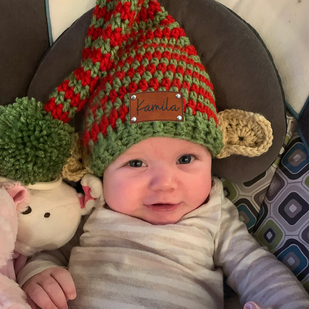 Personalized Crochet Leather Patch Christmas Elf Hat With Ears | MCGift70