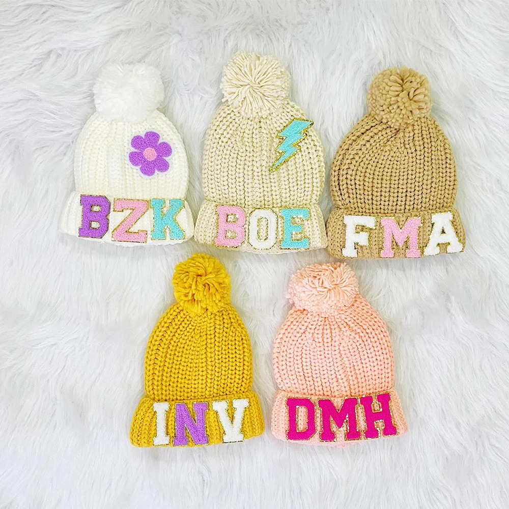 Personalized Lovely Chenille Patch Pom Pom Beanie| HSKid52