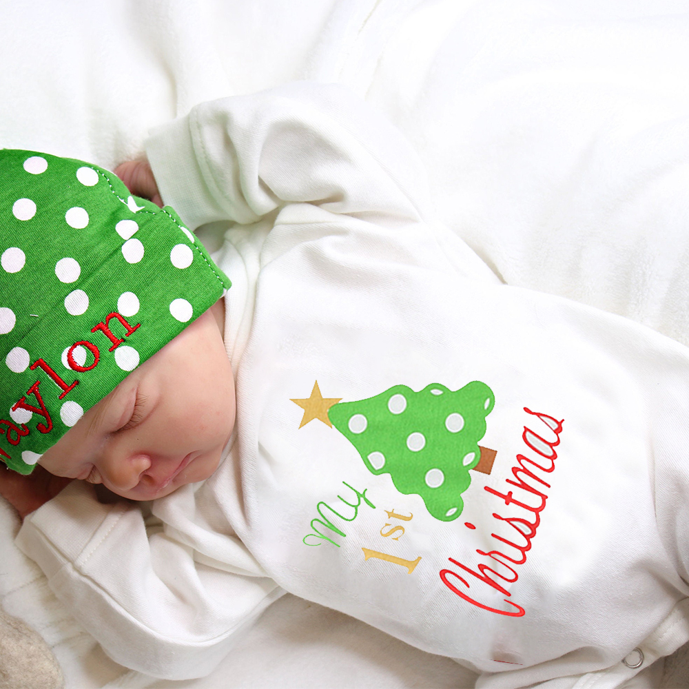 Personalized Baby 1st Christmas Ropmer and Embroidery Hat Set | CWBaby106