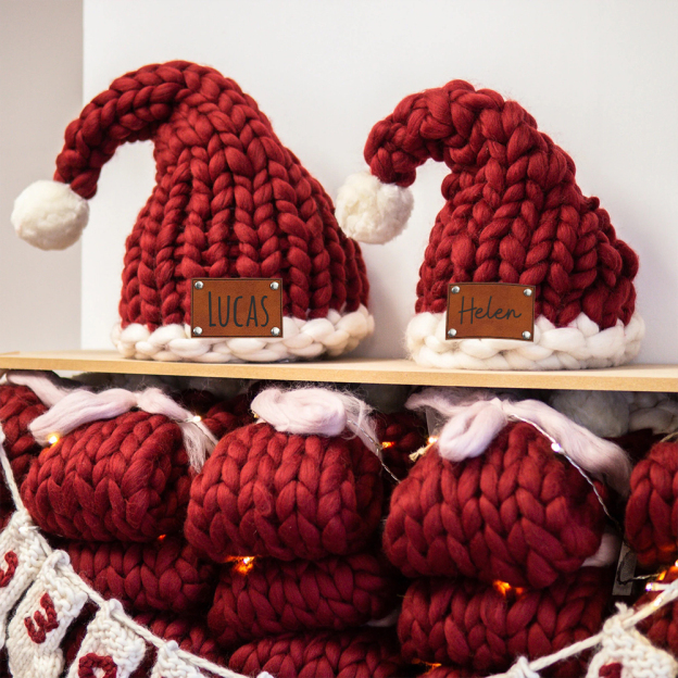 Personalized Leather Patch Chunky Knit Oversized Christmas Hat | MCGift97