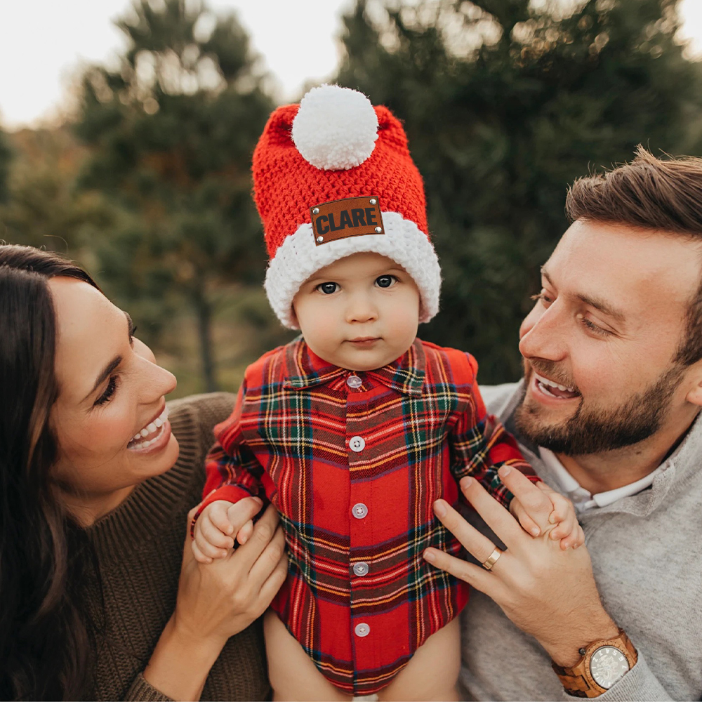 Personalized Leather Patch Crochet Christmas Santa Hat | MCGift98