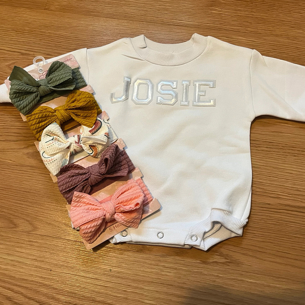 Personalized Letter Patch Neutral Baby Sweatshirt Romper | CWBaby114