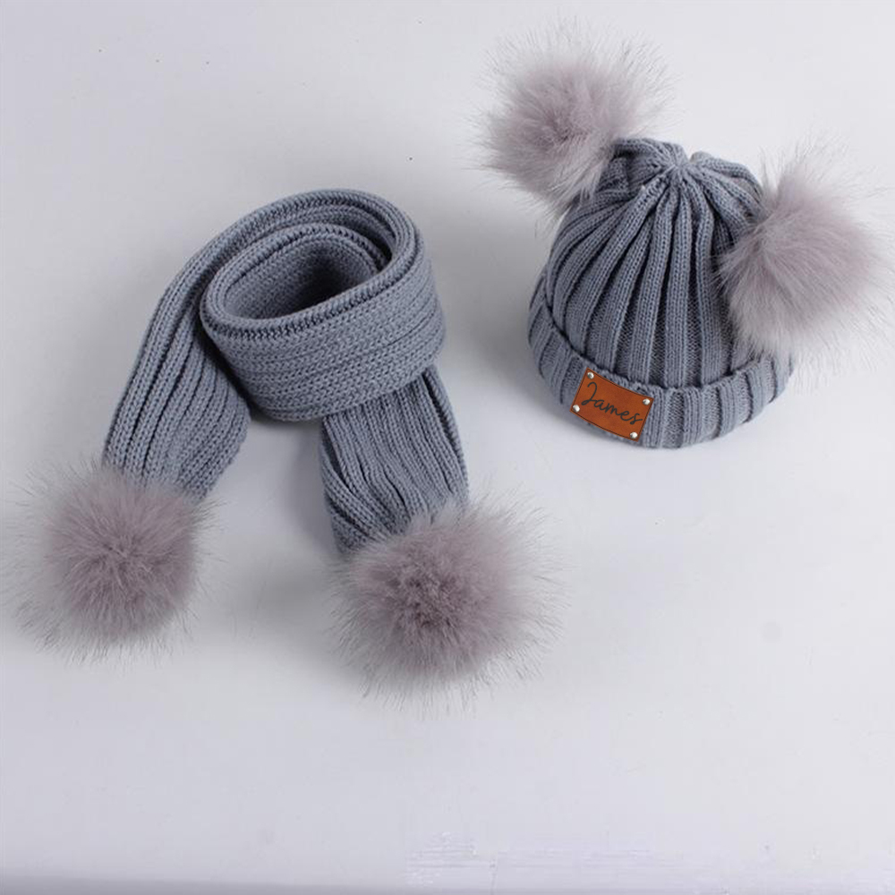 Personalized Leather Patch Kid Pom Pom Hat and Scarf | HSKid0101
