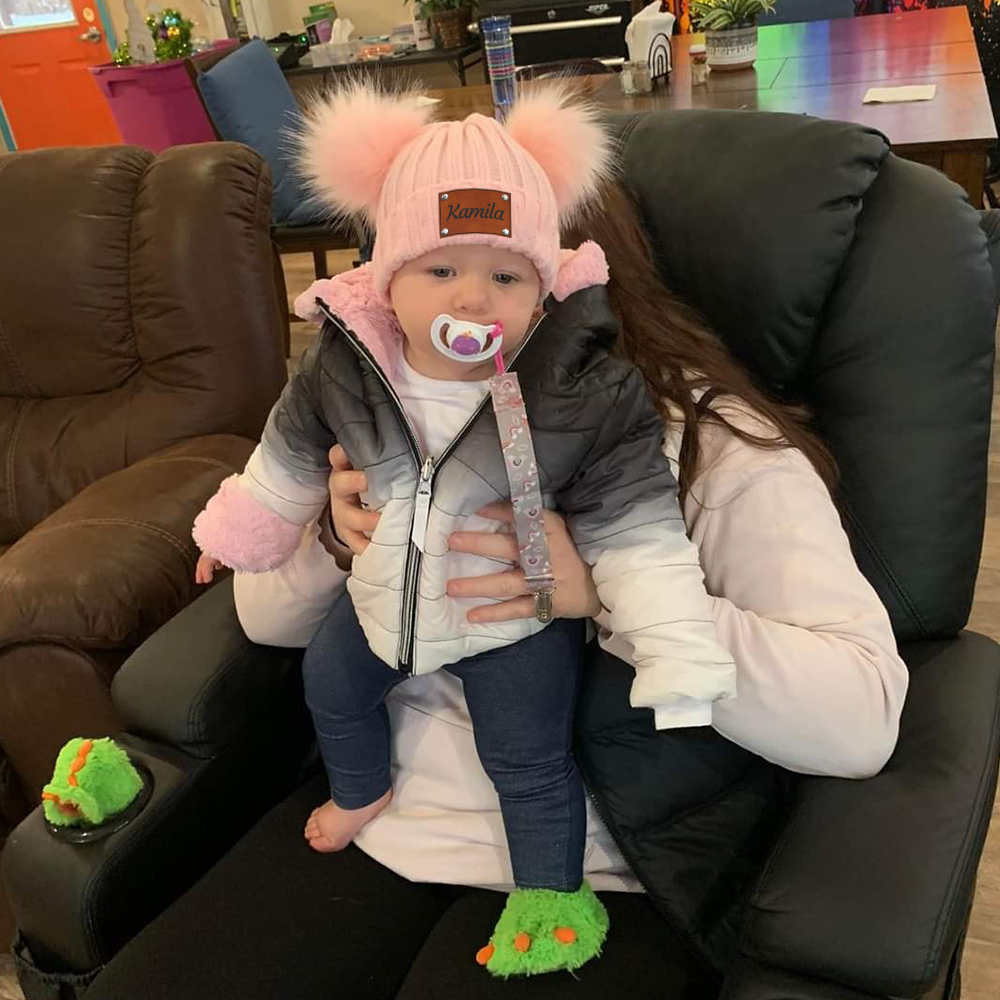 Personalized Leather Patch Kid Pom Pom Hat and Scarf | HSKid0101