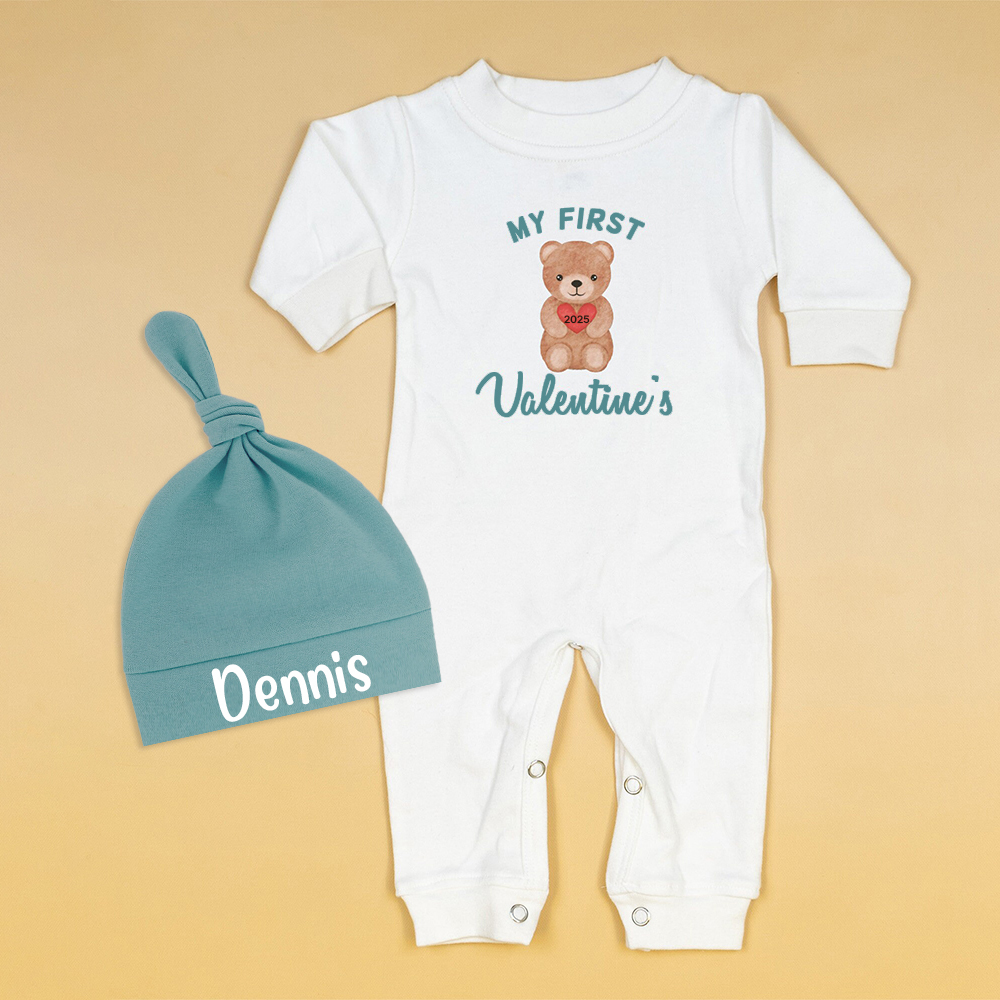 Personalized Baby First Valentine Ropmer and Hat Set | CWBaby127