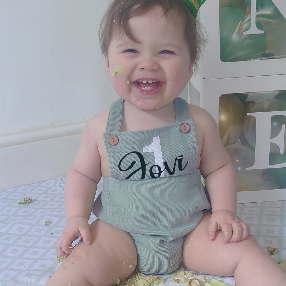 Personalized Baby First Birthday Suspender Triangle Jumpsuit Romper | CWBaby143