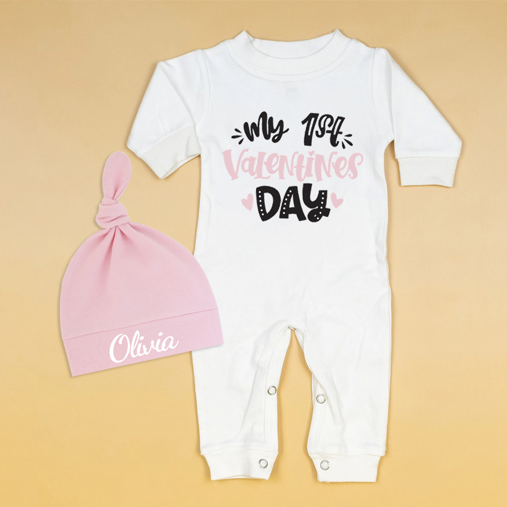 Personalized Baby First Valentine Ropmer and Hat Set | CWBaby145