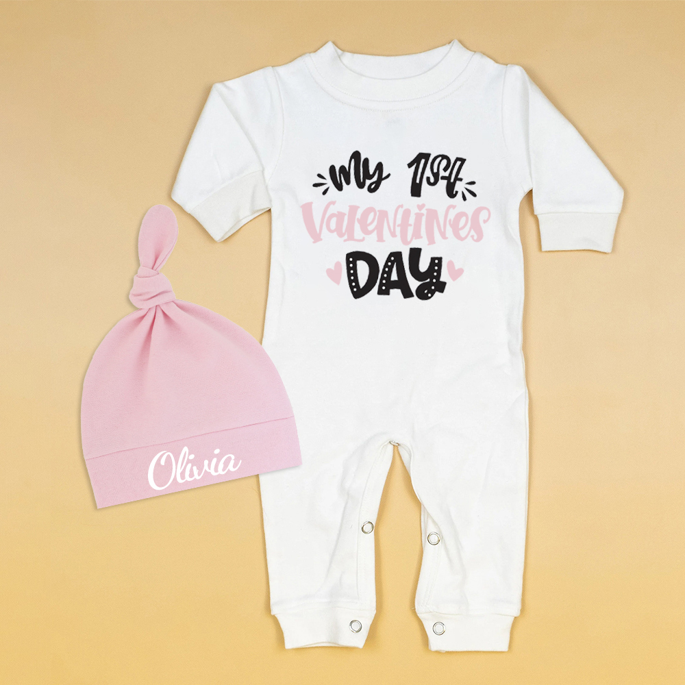 Personalized Baby First Valentine Ropmer and Hat Set | CWBaby145