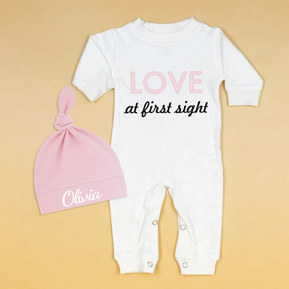 Personalized Baby First Valentine Ropmer and Hat Set | CWBaby146