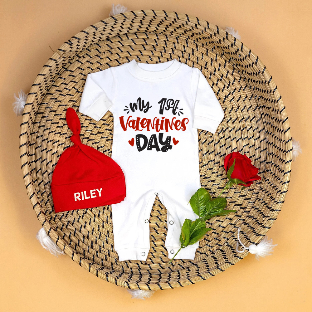 Personalized Baby First Valentine Ropmer and Hat Set | CWBaby145