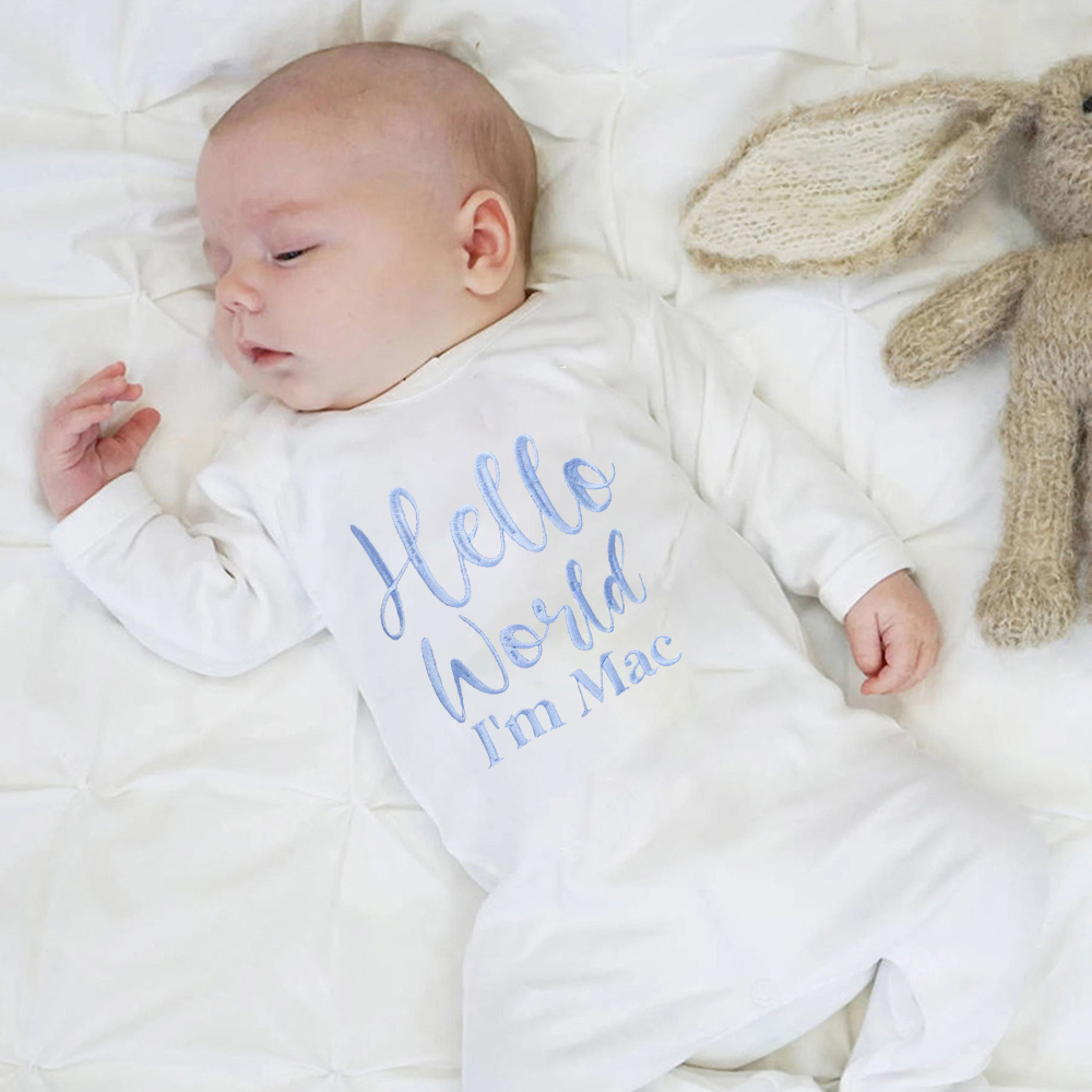 Personalized Embroidered Baby Hello World Romper and Hat Set | CWBaby166