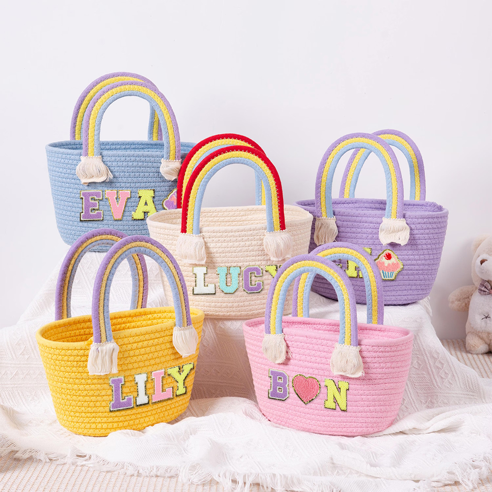 Personalized Kids Chenille Patch Cotton Rope Woven Tote Bag | CWBeach15401