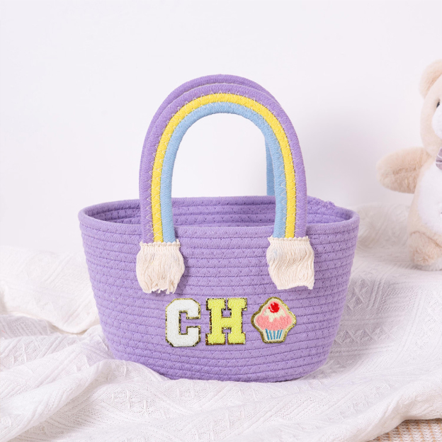 Personalized Kids Chenille Patch Cotton Rope Woven Tote Bag | CWBeach15401