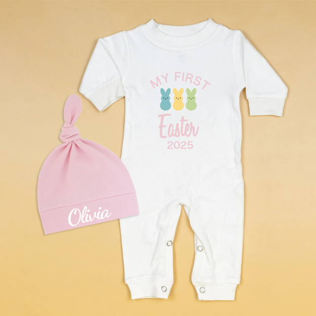 Personalized Baby Lovely First Easter Ropmer and Hat Set | CWBaby181