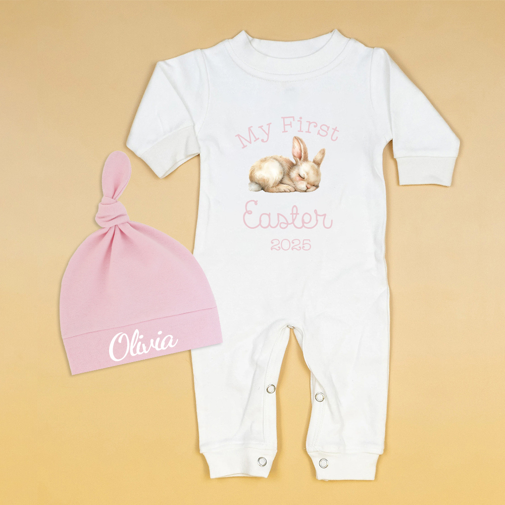Personalized Baby First Easter Bunny Ropmer and Hat Set | CWBaby183