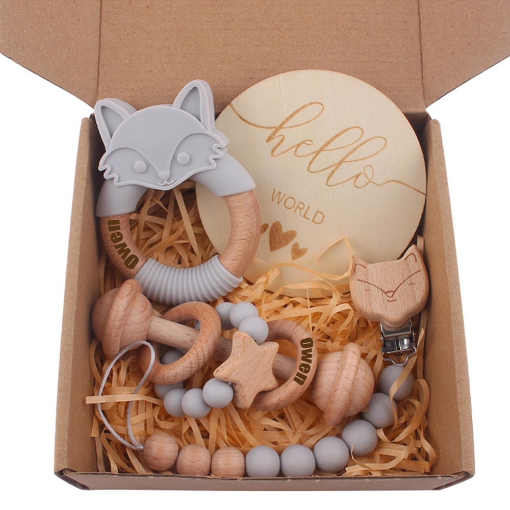 Personalized Baby Wooden Fox Pacifier Clip 4 Pcs Gift Set | CWBaby113