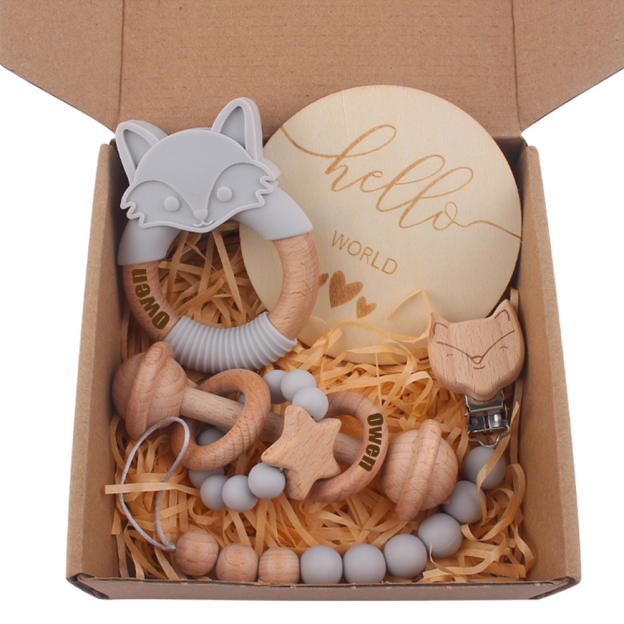 Personalized Baby Wooden Fox Pacifier Clip 4 Pcs Gift Set | CWBaby113