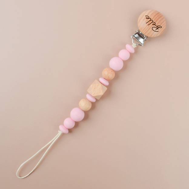 Personalized Baby Pacifier Silicone Wooden Bead Clip | CWBaby115