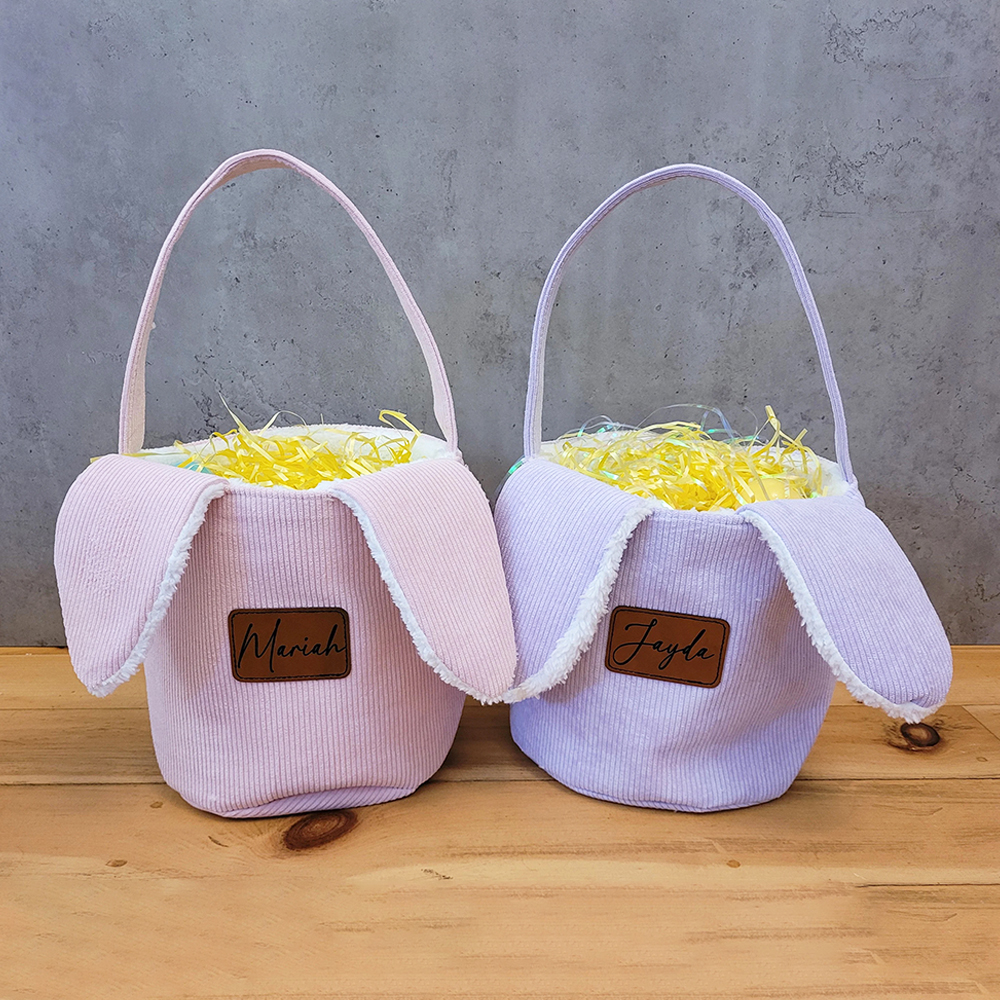 Personalized Leather Patch Corduroy Easter Bunny Basket | CWEaster4301