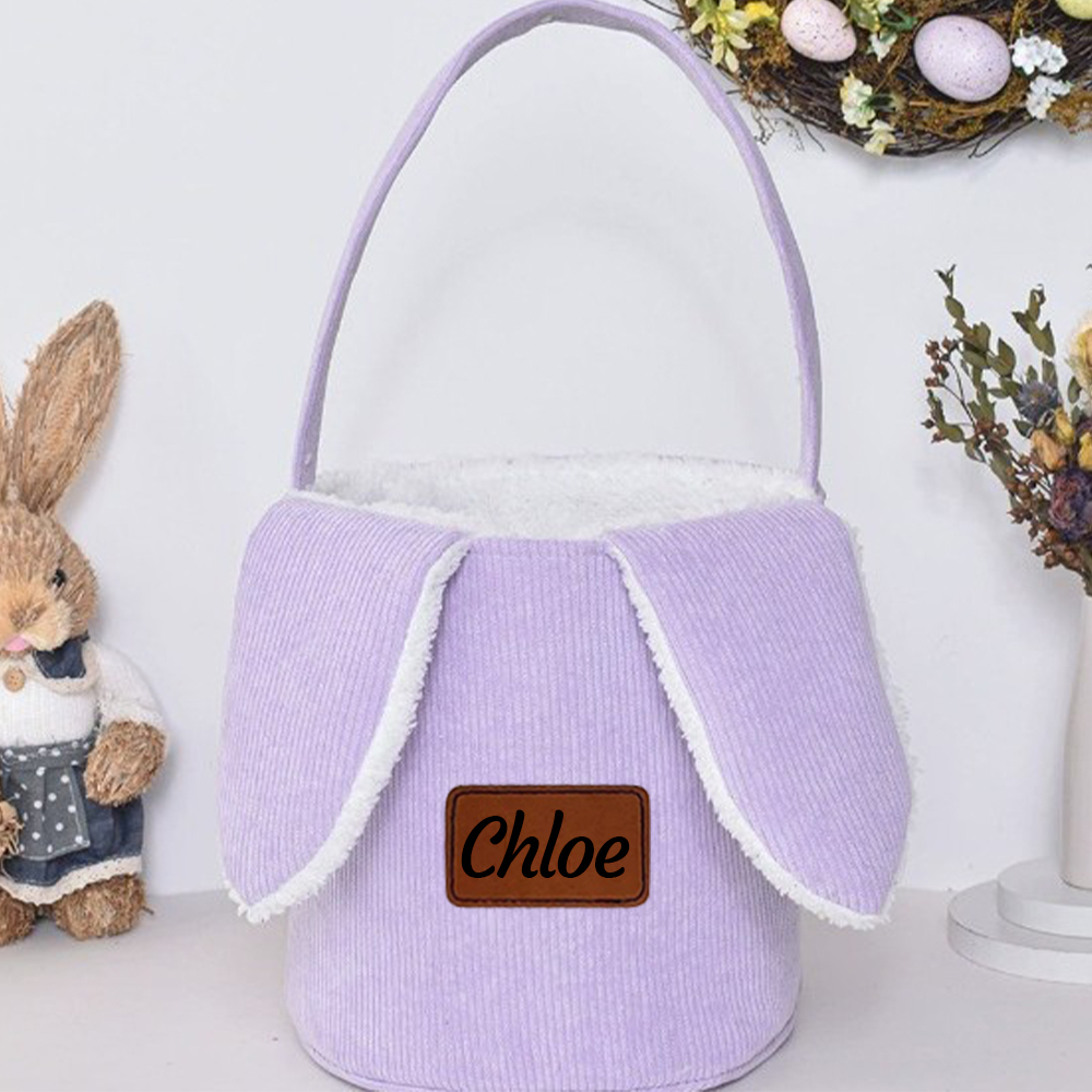 Personalized Leather Patch Corduroy Easter Bunny Basket | CWEaster4301