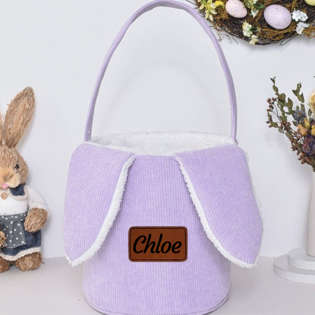 Personalized Leather Patch Corduroy Easter Bunny Basket | CWEaster4301