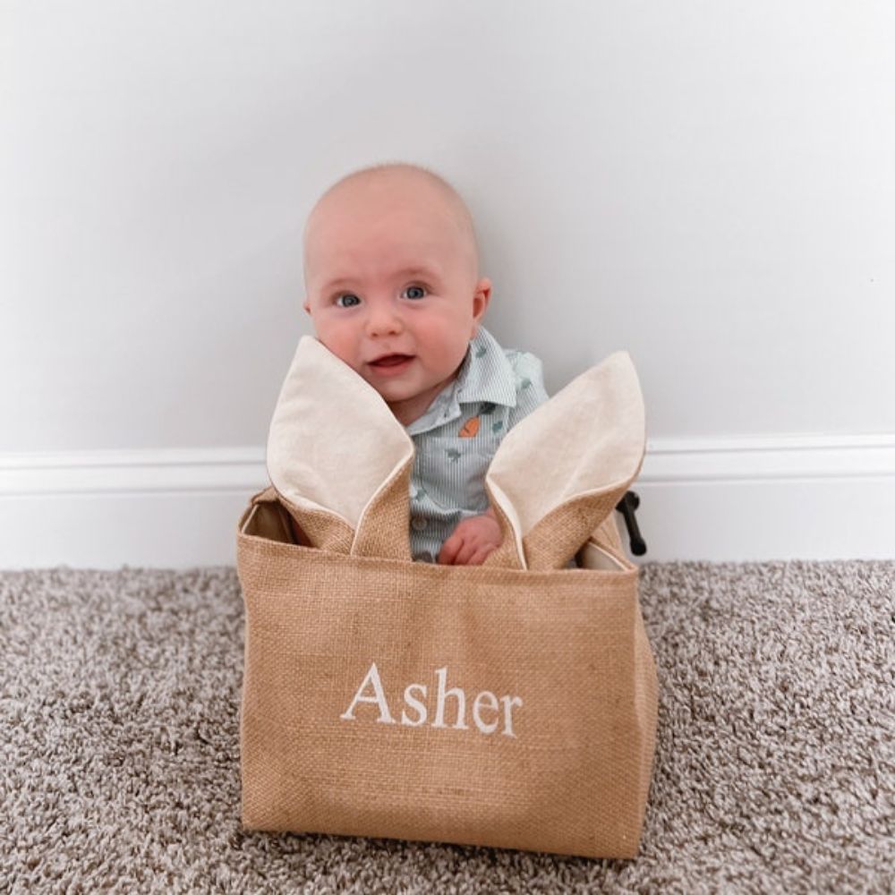 Personalized Embroidered Burlap Bunny Easter Basket | CWEaster46