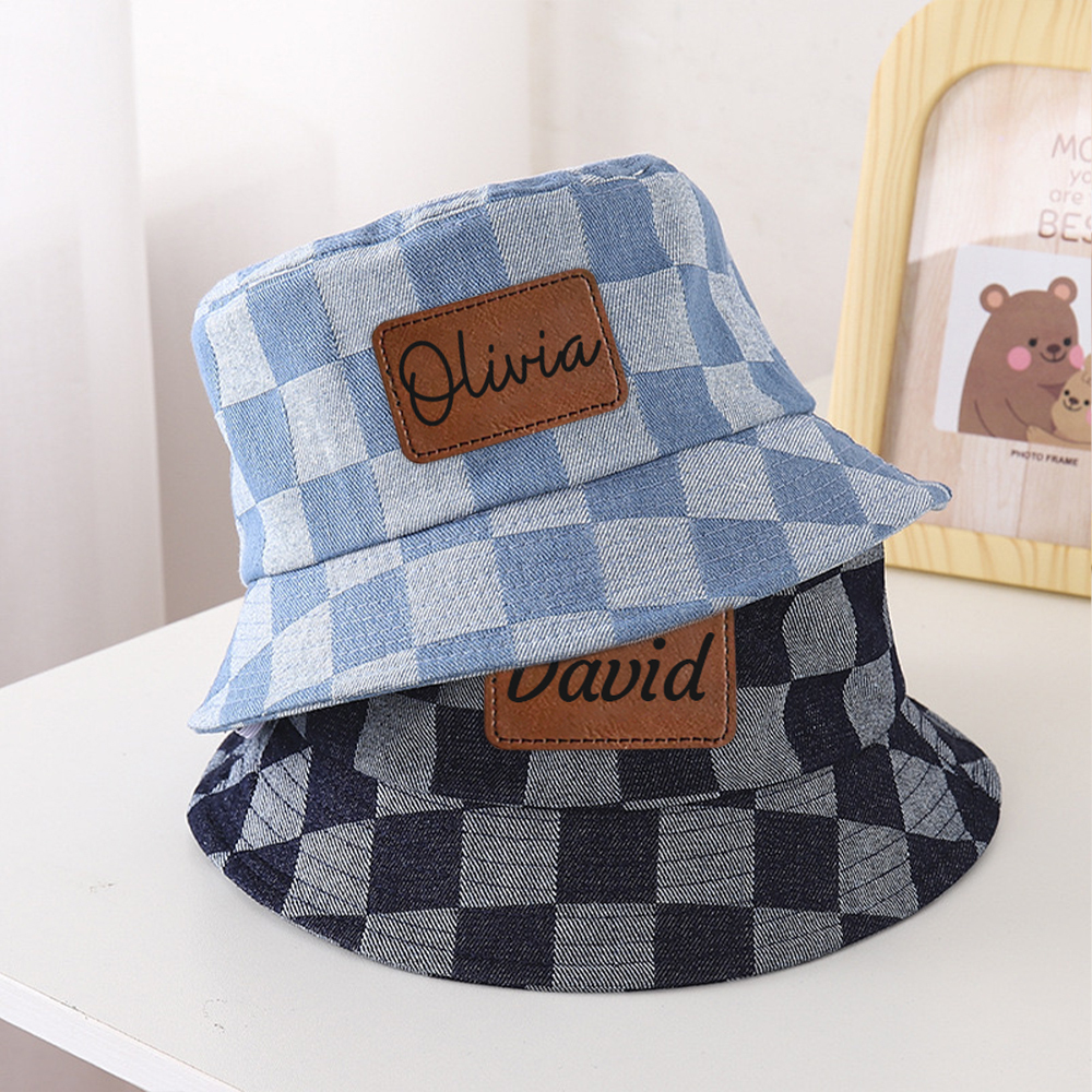 Personalized Leather Patch Checkerboard Denim Bucket Hat for Comfort & Unique | CWBeach175