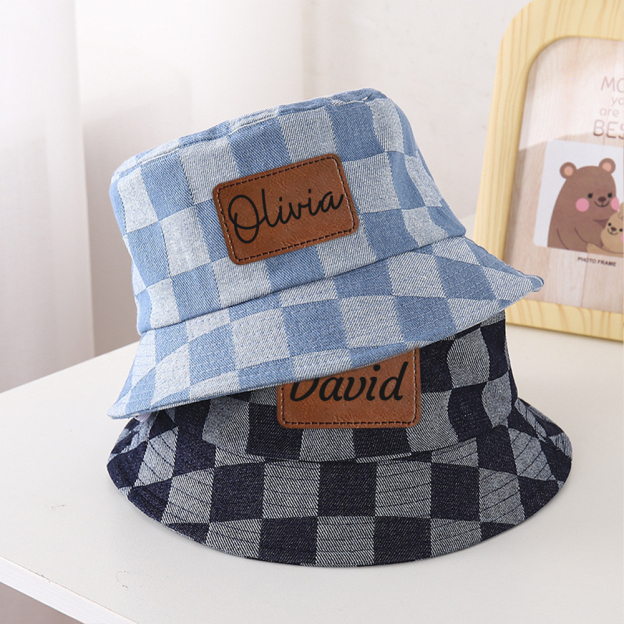 Personalized Leather Patch Checkerboard Denim Bucket Hat for Comfort & Unique | CWBeach175