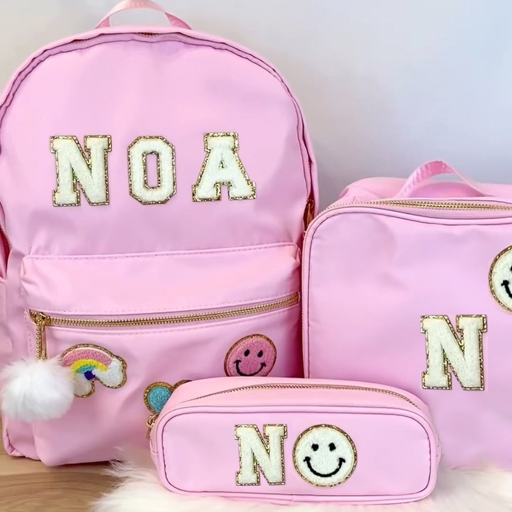 Personalized Lovely Chenille Letters Patch Kids School Backpack Set