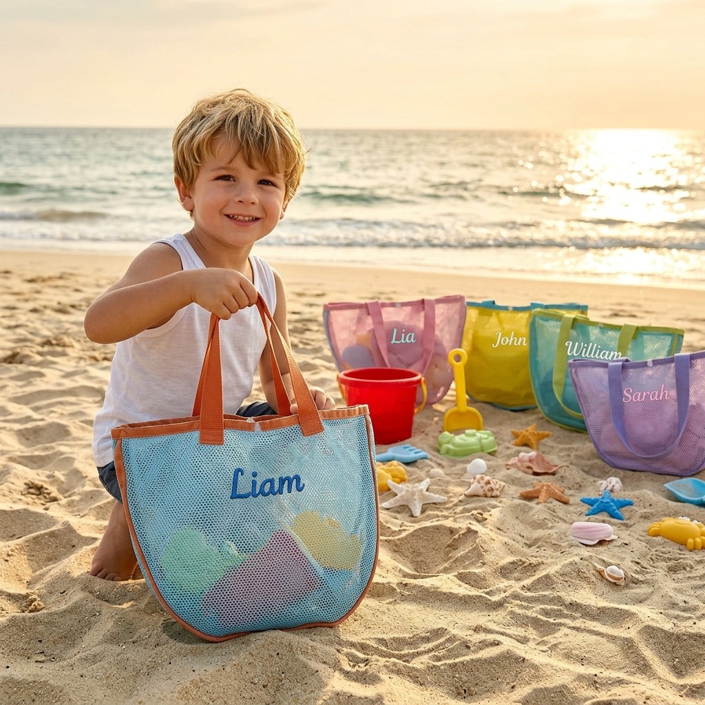 Personalized Embroidered Seashell Zipper Mesh Beach Bag | CWBeach249