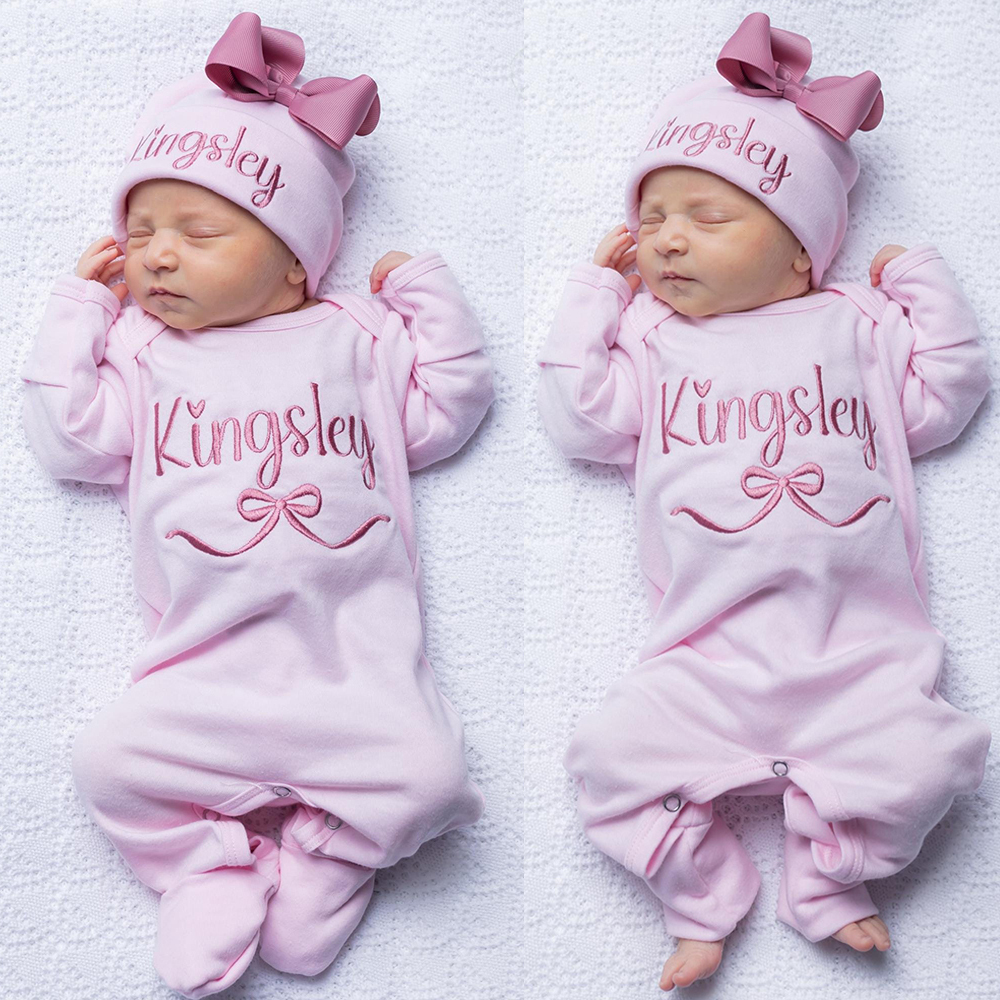 Personalized Embroidery Baby Girl Coming Home Romper and Hat Set | CWBaby482