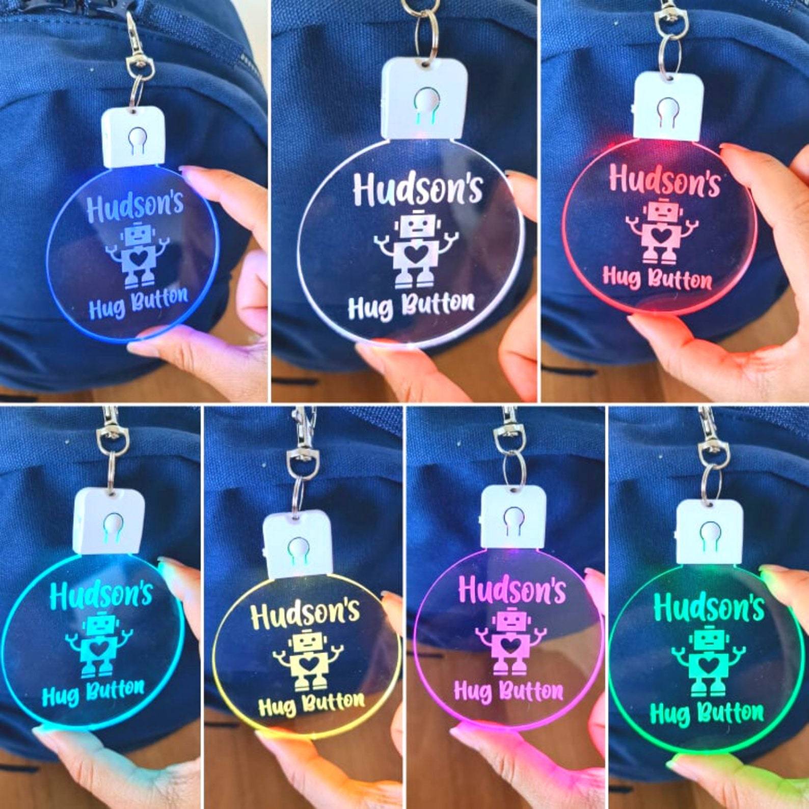 Personalized Name Kids Bag Tag LED Hug Button Keyring | CWToy59