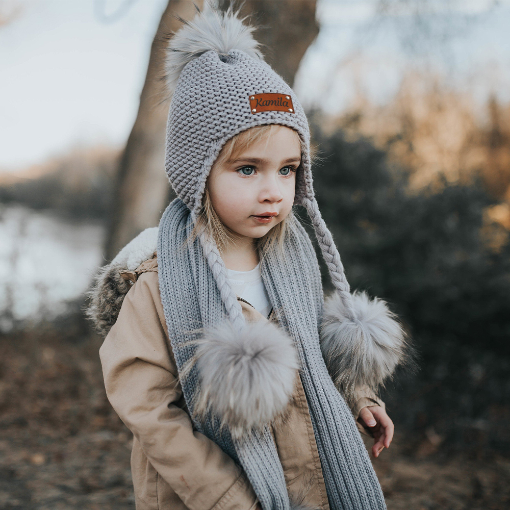 Personalized Leather Patch  Pom Pom Knit Hat With Tassels | HSKid46