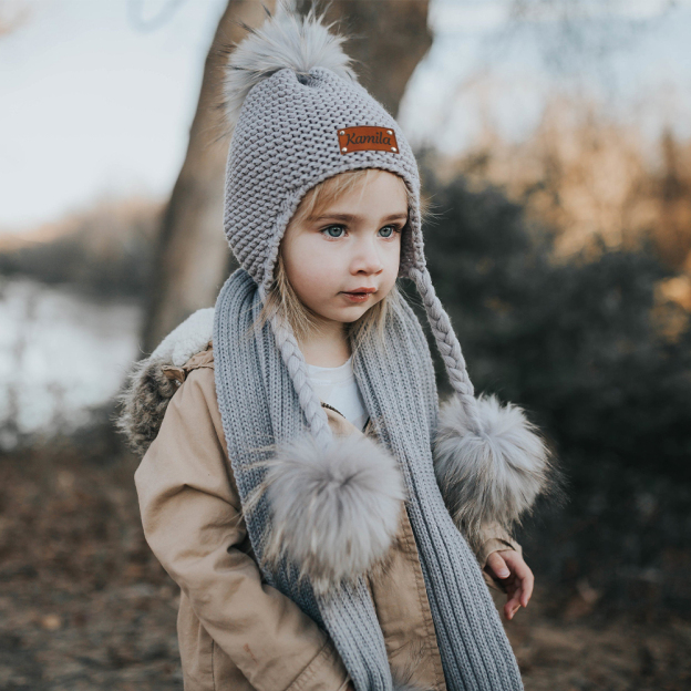 Personalized Leather Patch  Pom Pom Knit Hat With Tassels | HSKid46