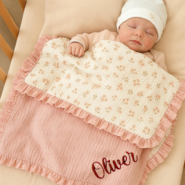 Personalized Embroidered Organic Cotton Muslin Ruffle Edge Blanket | CWBaby435
