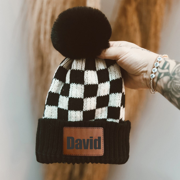 Personalized Leather Patch Pom Pom Beanie for Comfort & Unique | HSKid36