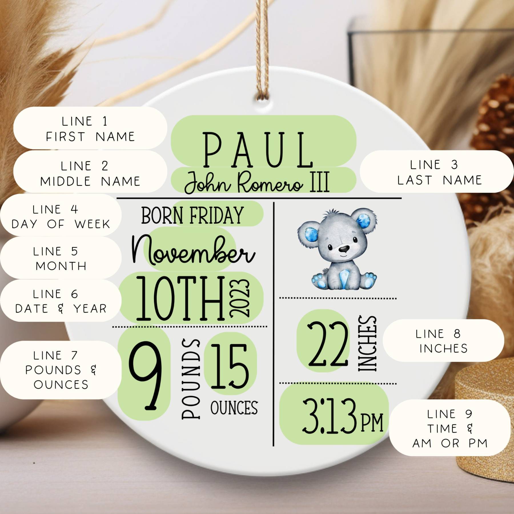 Personalized Newborn Baby Birth Announcement Ornament | CWBaby32