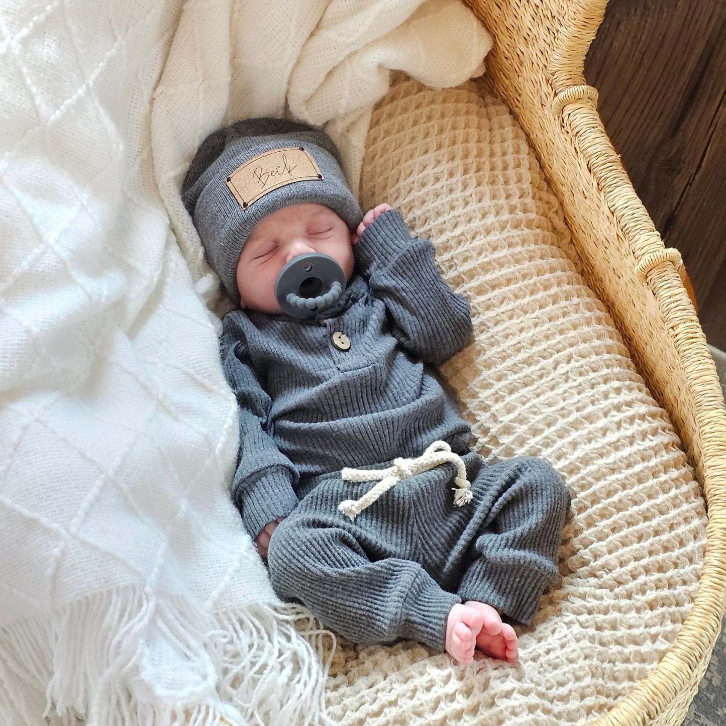 Personalized Leather Patch Baby Beanie Outfit Set | CWBaby84