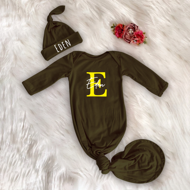 Personalized Cozy Newborn Gown with Knotted Hat | CWbaby33