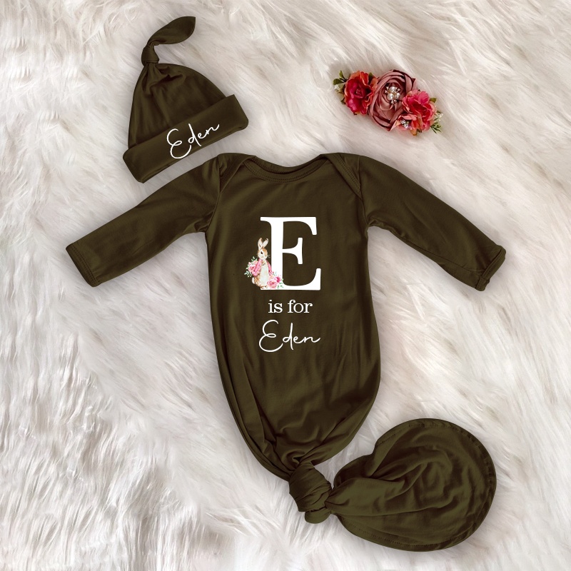 Personalized Cozy Newborn Easter Gown with Knotted Hat | CWbaby39