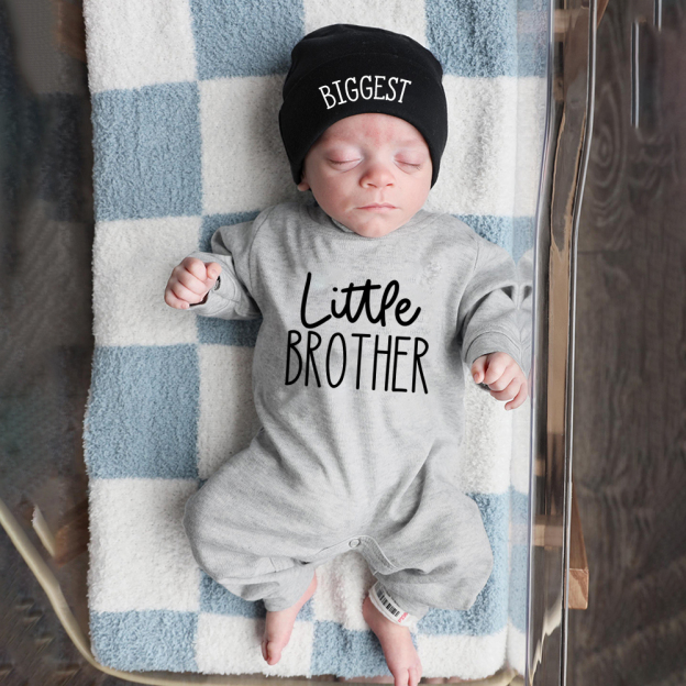 Personalized Little Brother Coming Home Romper With Hat Set | CWBaby13302