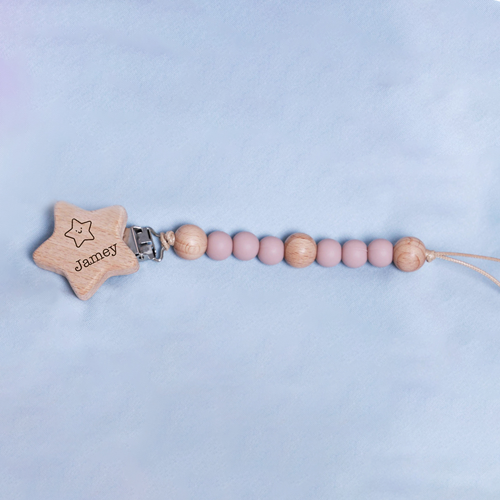 Personalized Baby Pacifier Silicone Wooden Bead Clip | CWToy130
