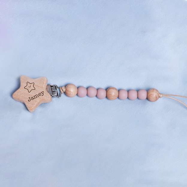 Personalized Baby Pacifier Silicone Wooden Bead Clip | CWToy130
