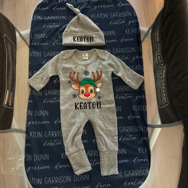 Personalized Baby Christmas Adorable Elk Romper and Hat Set | MCGift233