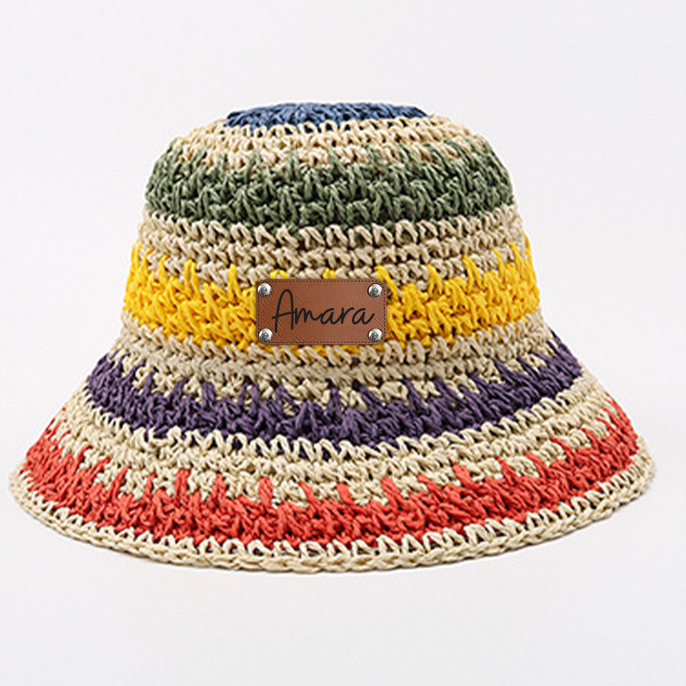 Personalized Summer Leather Patch Rainbow Straw Hat | CWBeach203