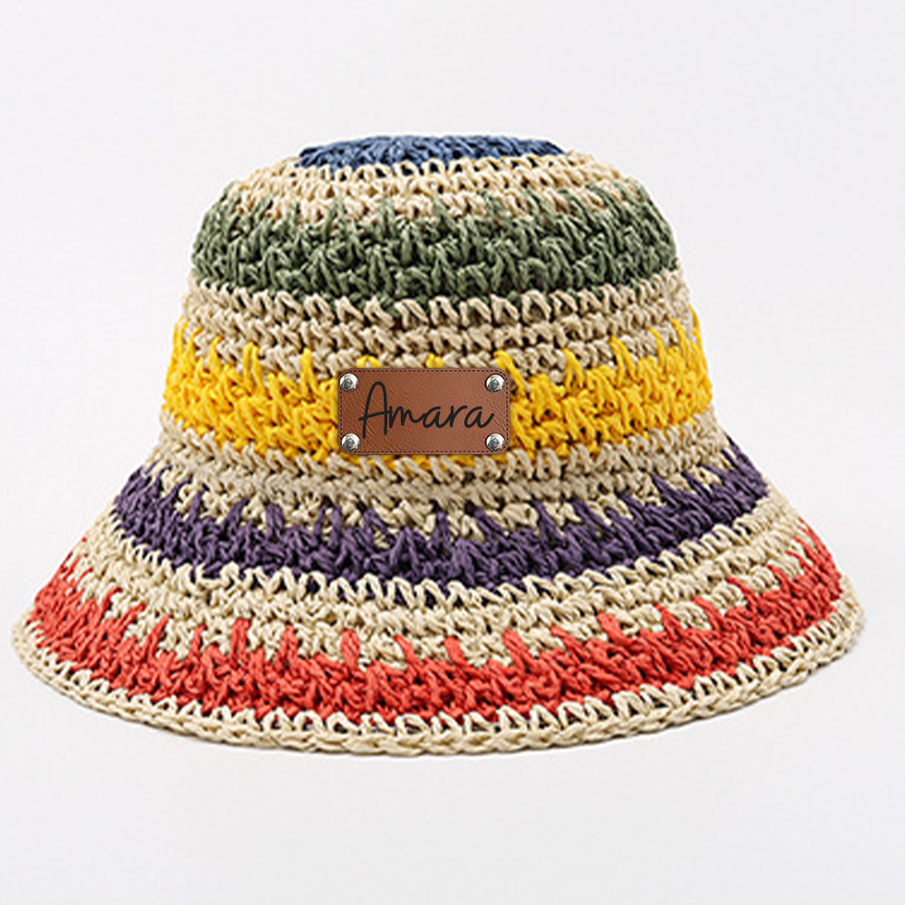 Personalized Summer Leather Patch Rainbow Straw Hat | CWBeach203