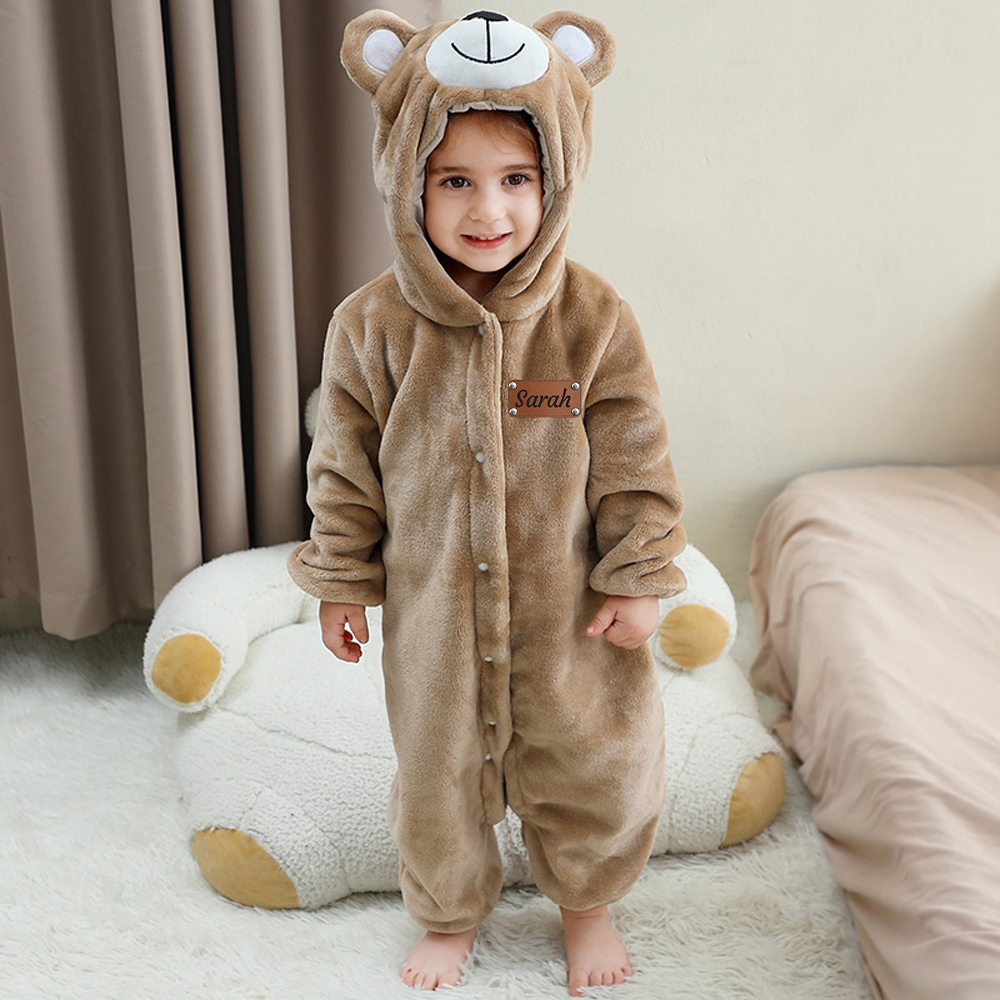 Personalized Leather Patch Baby Lovely Bear Animal Romper | CWBaby288