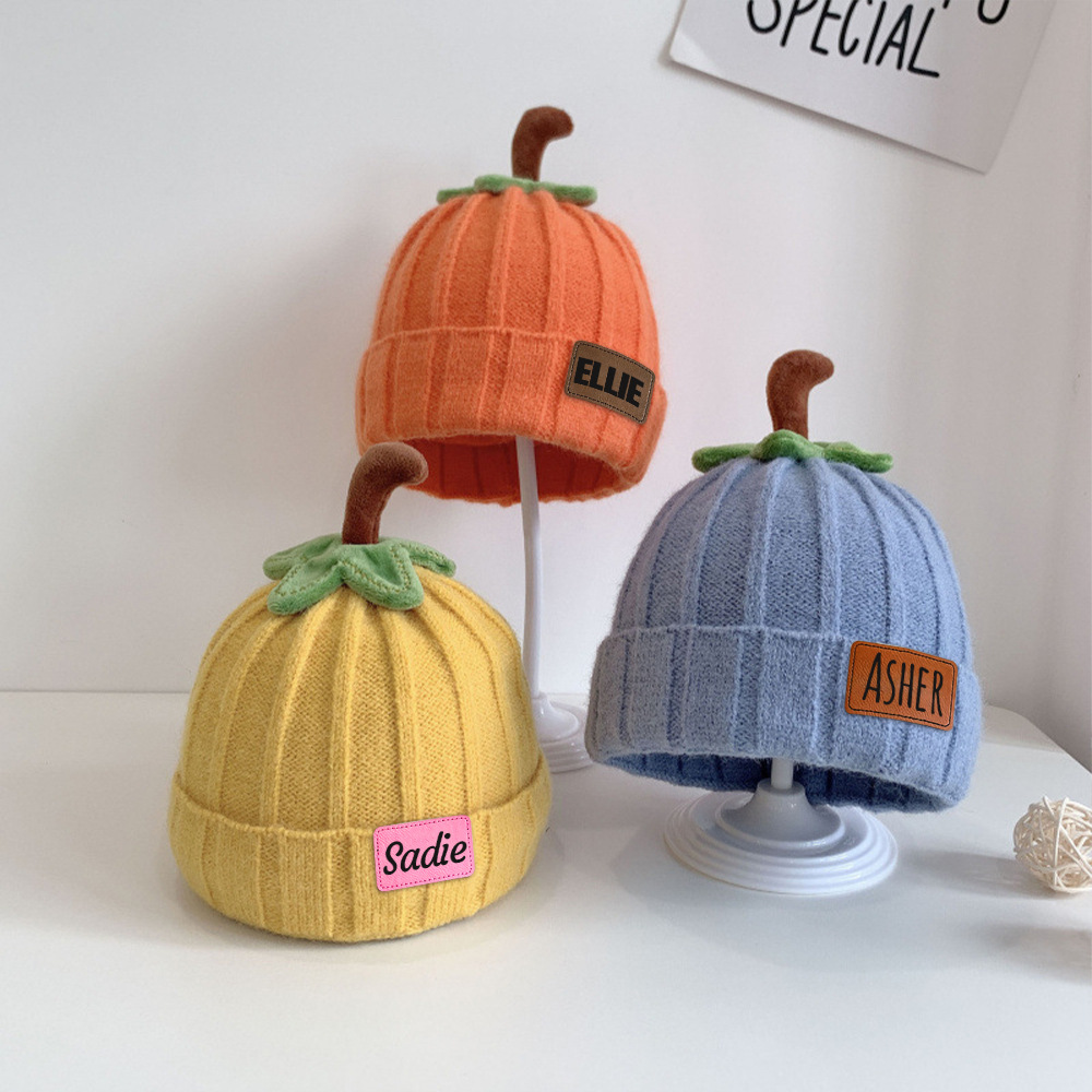 Personalized Leather Patch Pumpkin Wool Beanie | CWHalloween46