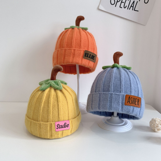 Personalized Leather Patch Pumpkin Wool Beanie | CWHalloween46