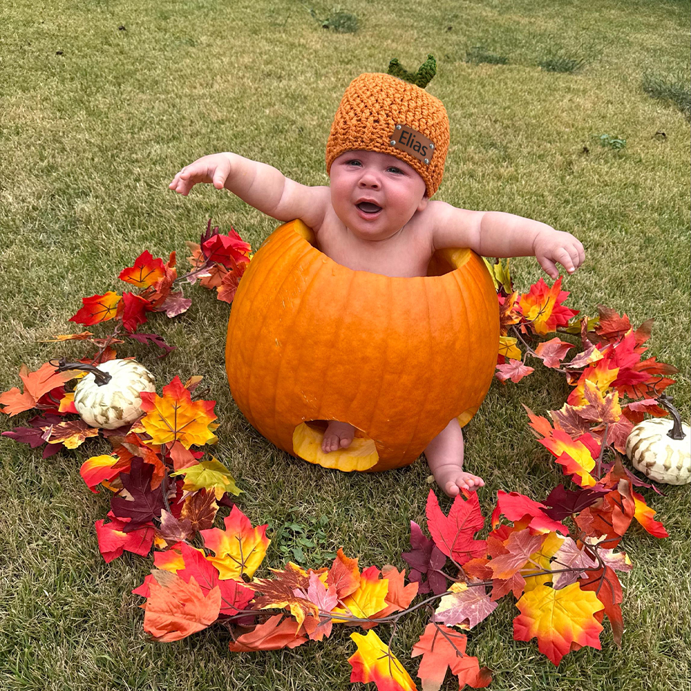 Personalized Leather Patch Pumpkin Wool Beanie | CWHalloween72